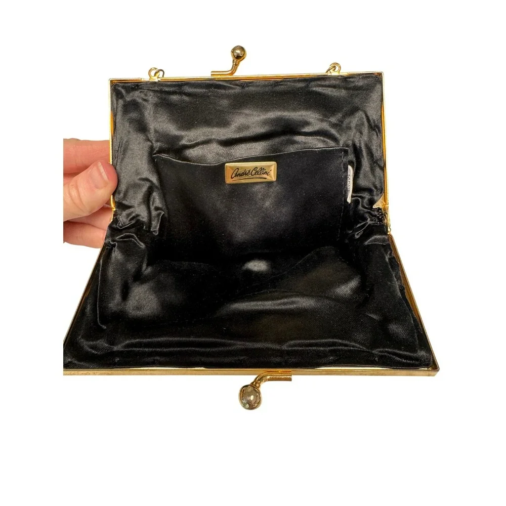 Andre Cellini Vintage Beaded Evening Bag Black Art Deco Gold Kiss‎ Lock Clutch